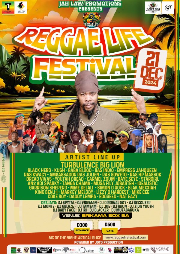 This image depicts a colorful flyer for the "Reggae Life Festival," held on December 21, 2024, in a tropical setting. The ...