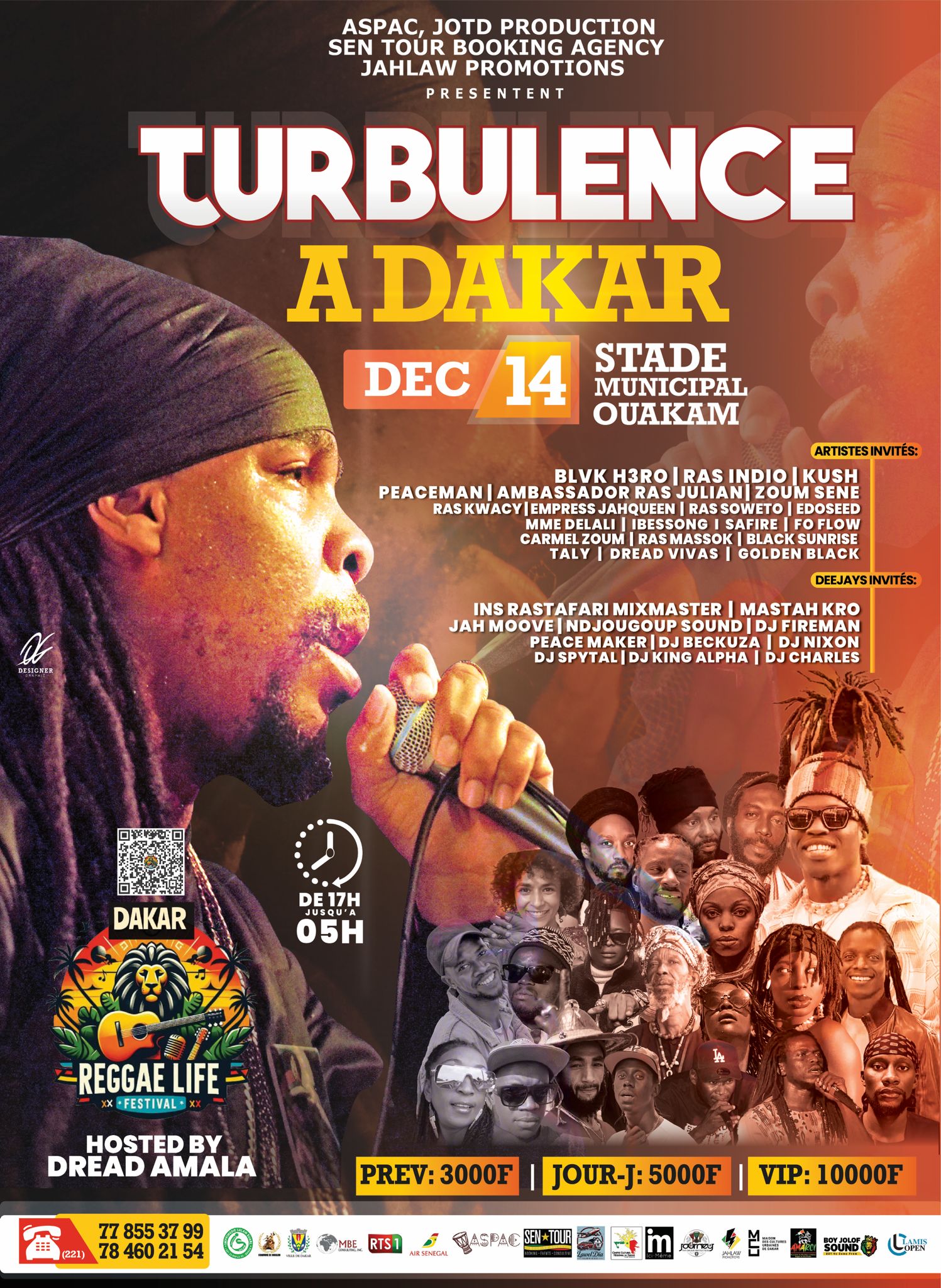 The image depicts a poster for the Turbulence A Dakar Reggae Life Festival in Dakar, Senegal. The poster features a dark b...